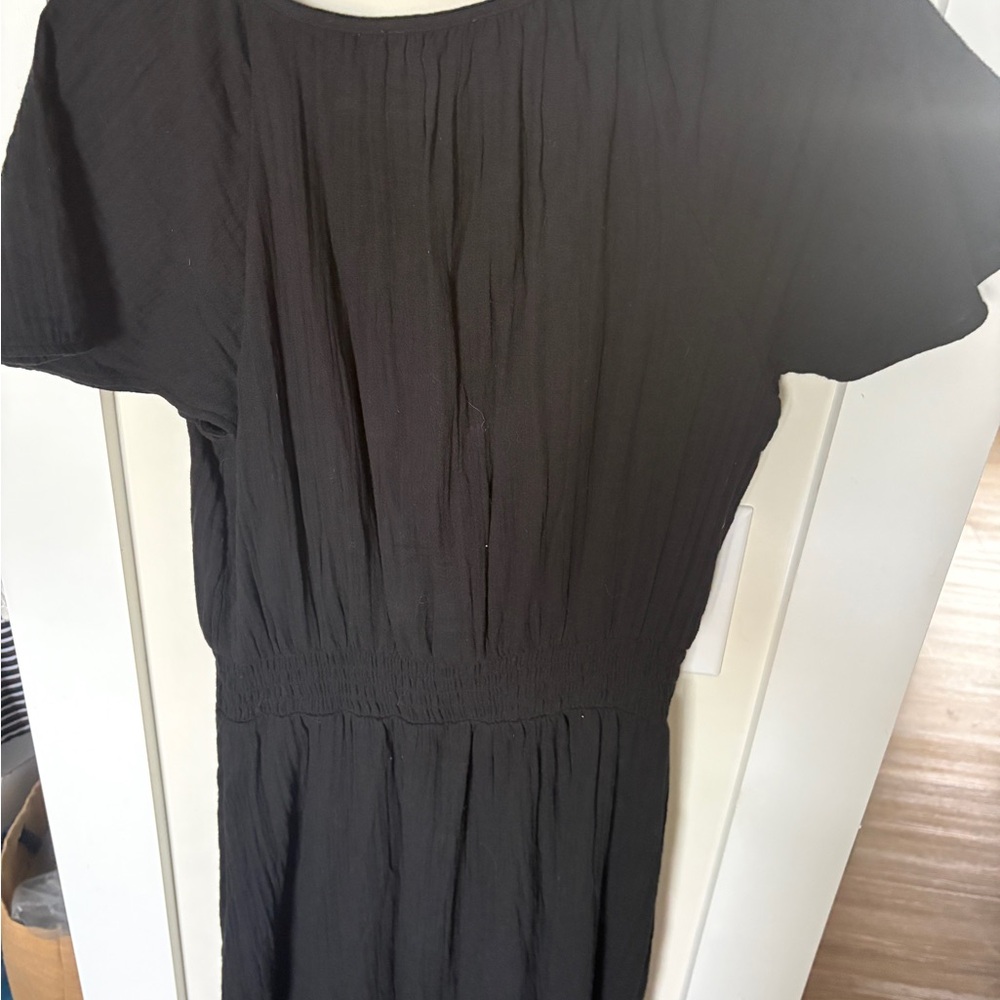 LOFT Black Short-Sleeve Smocked-Waist Mini Dress